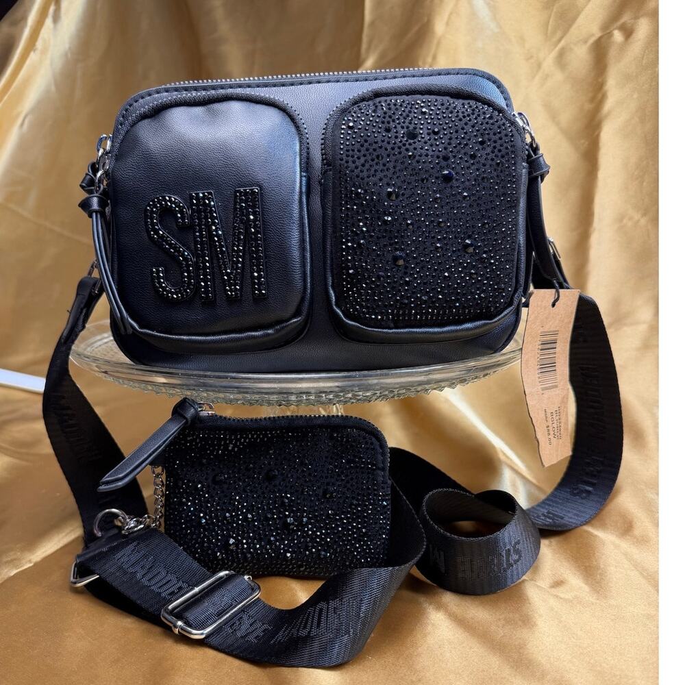 Steve Madden BGLOWING Black Crossbody Bag New Studded Hobo Style Guitar Strap